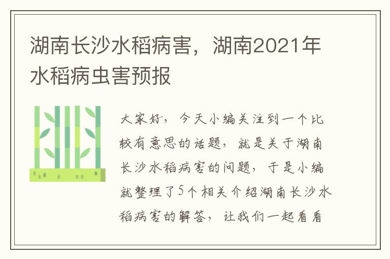 湖南长沙水稻病害，湖南2021年水稻病虫害预报